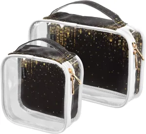 Gold Glitter Lights Clear Makeup Bags TSA Approved Toiletry Bag for Women Men Cosmetic Bags with Zipper Carry On Airport Airline Compliant Bag Quart PVC Travel Bags for Toiletries Cosmetics, 2 Pack