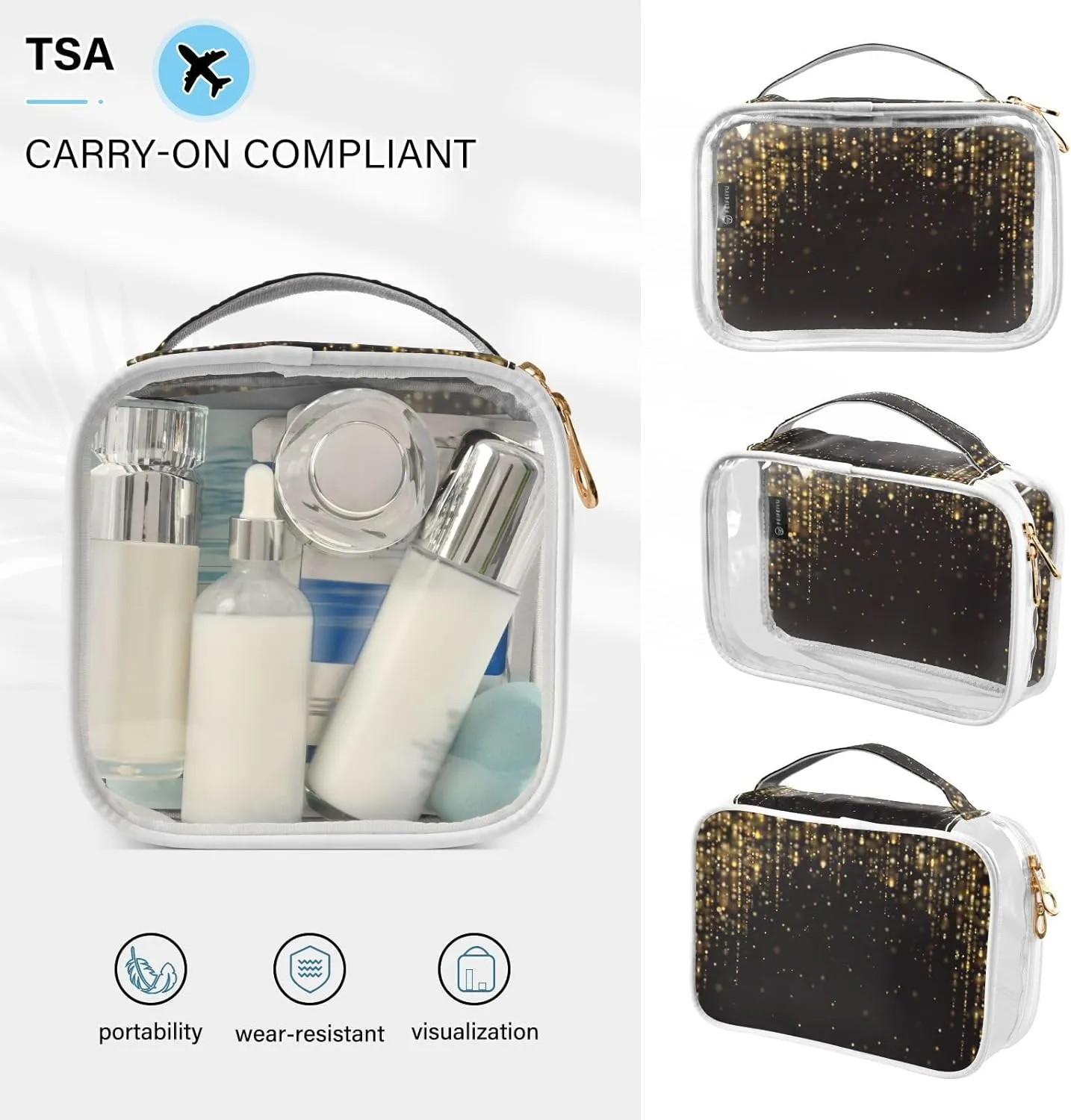 Gold Glitter Lights Clear Makeup Bags TSA Approved Toiletry Bag for Women Men Cosmetic Bags with Zipper Carry On Airport Airline Compliant Bag Quart PVC Travel Bags for Toiletries Cosmetics, 2 Pack