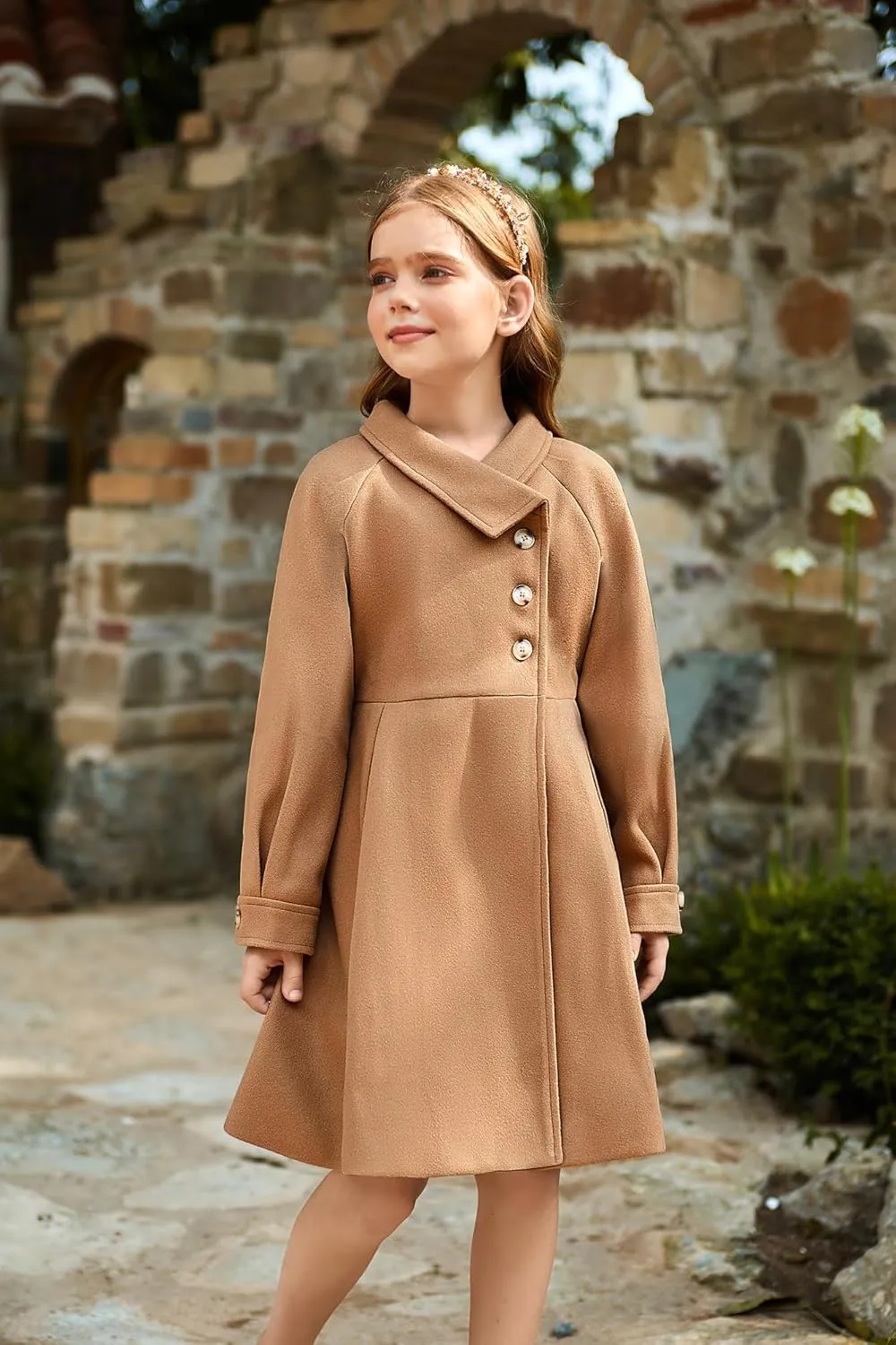 GRACE KARIN Girls Dress Coat Kids Wool Lapel Long Button Jackets Fall Winter Outerwear Peacoat with Pockets 5-12Y