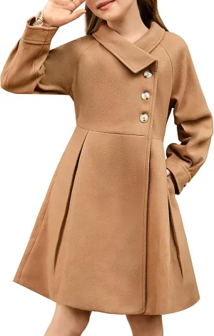 GRACE KARIN Girls Dress Coat Kids Wool Lapel Long Button Jackets Fall Winter Outerwear Peacoat with Pockets 5-12Y