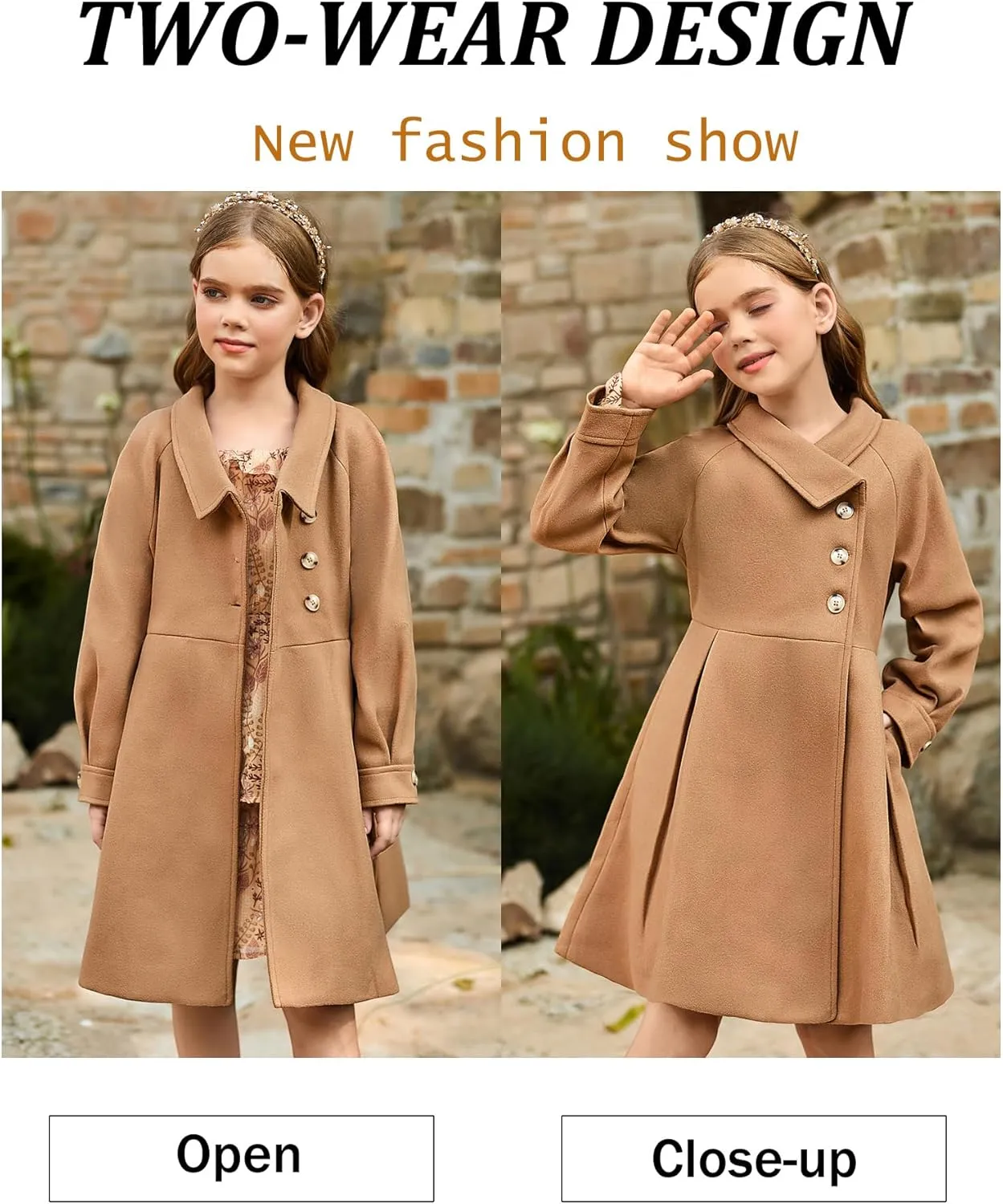 GRACE KARIN Girls Dress Coat Kids Wool Lapel Long Button Jackets Fall Winter Outerwear Peacoat with Pockets 5-12Y