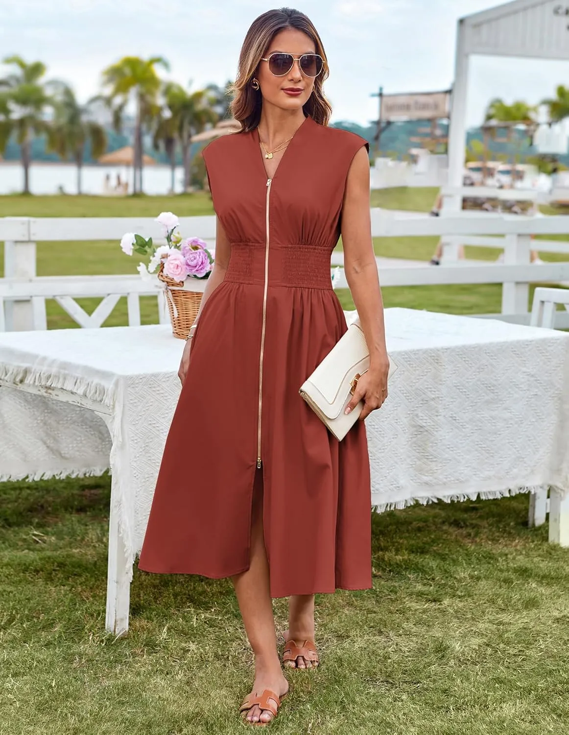 GRACE KARIN Womens Summer Casual Dress V Neck Cap Sleeve Zipper Front Flowy Midi Dress with Pockets