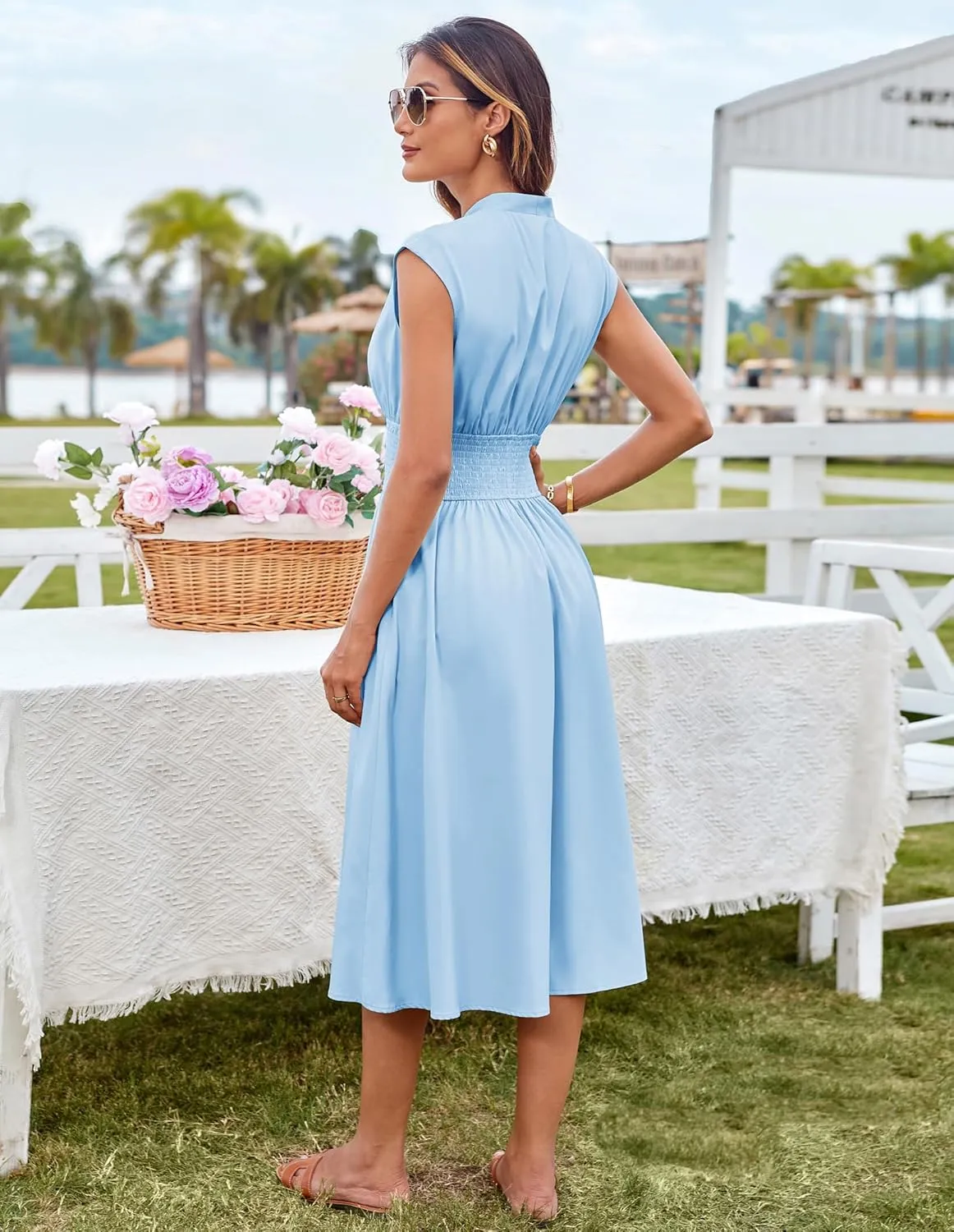 GRACE KARIN Womens Summer Casual Dress V Neck Cap Sleeve Zipper Front Flowy Midi Dress with Pockets