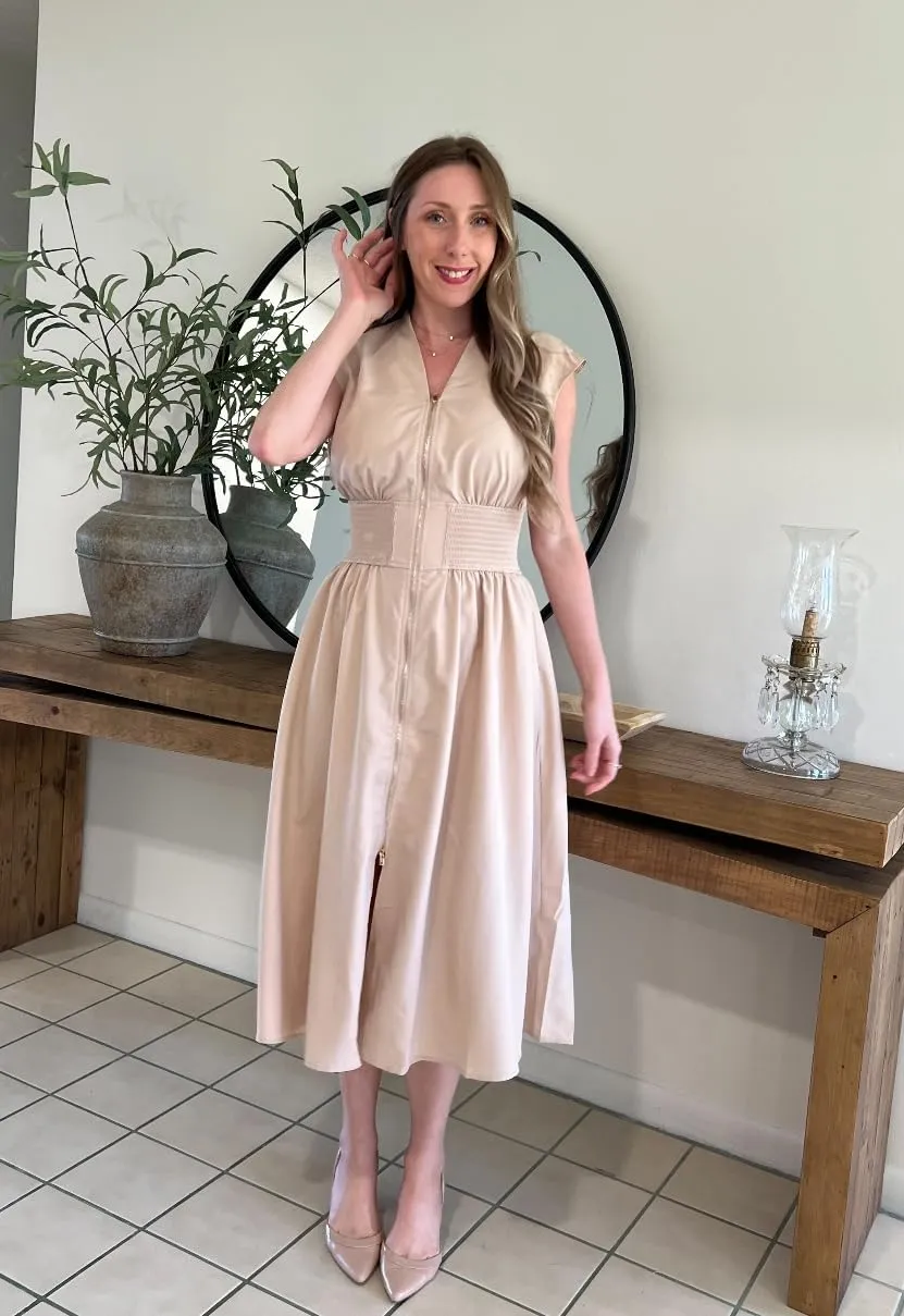 GRACE KARIN Womens Summer Casual Dress V Neck Cap Sleeve Zipper Front Flowy Midi Dress with Pockets