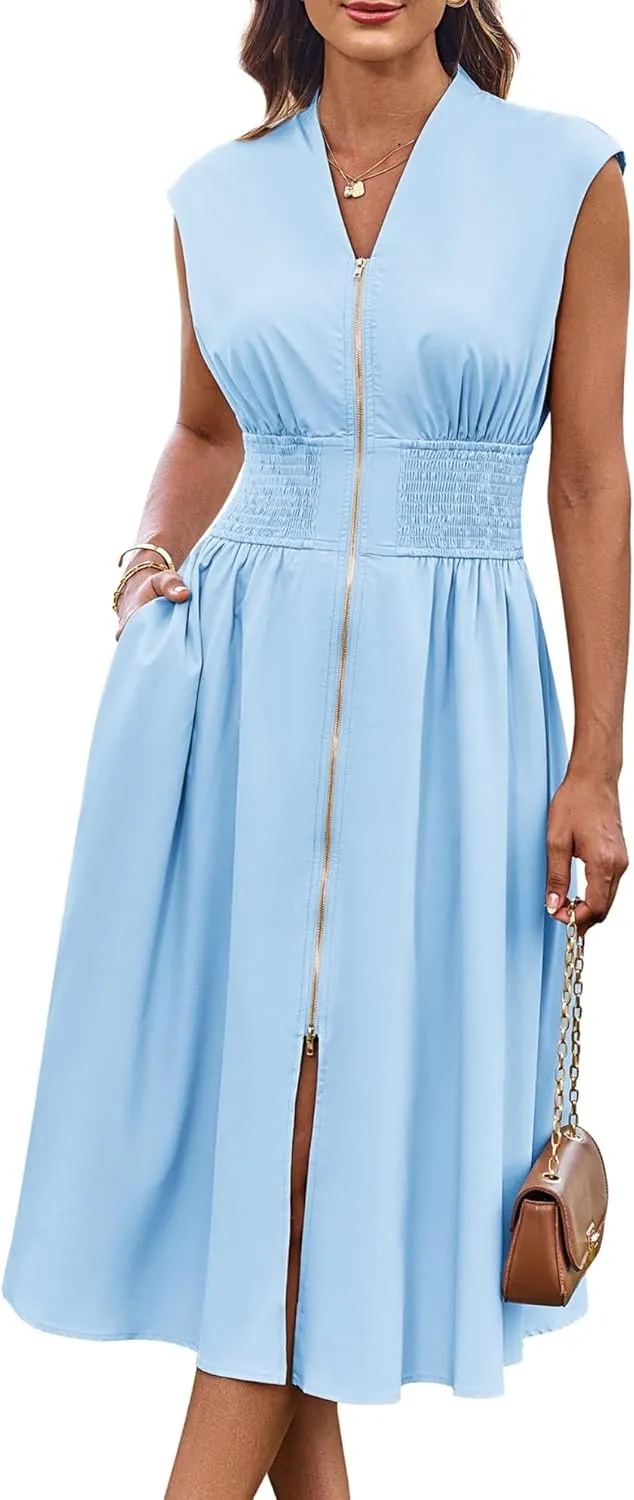 GRACE KARIN Womens Summer Casual Dress V Neck Cap Sleeve Zipper Front Flowy Midi Dress with Pockets
