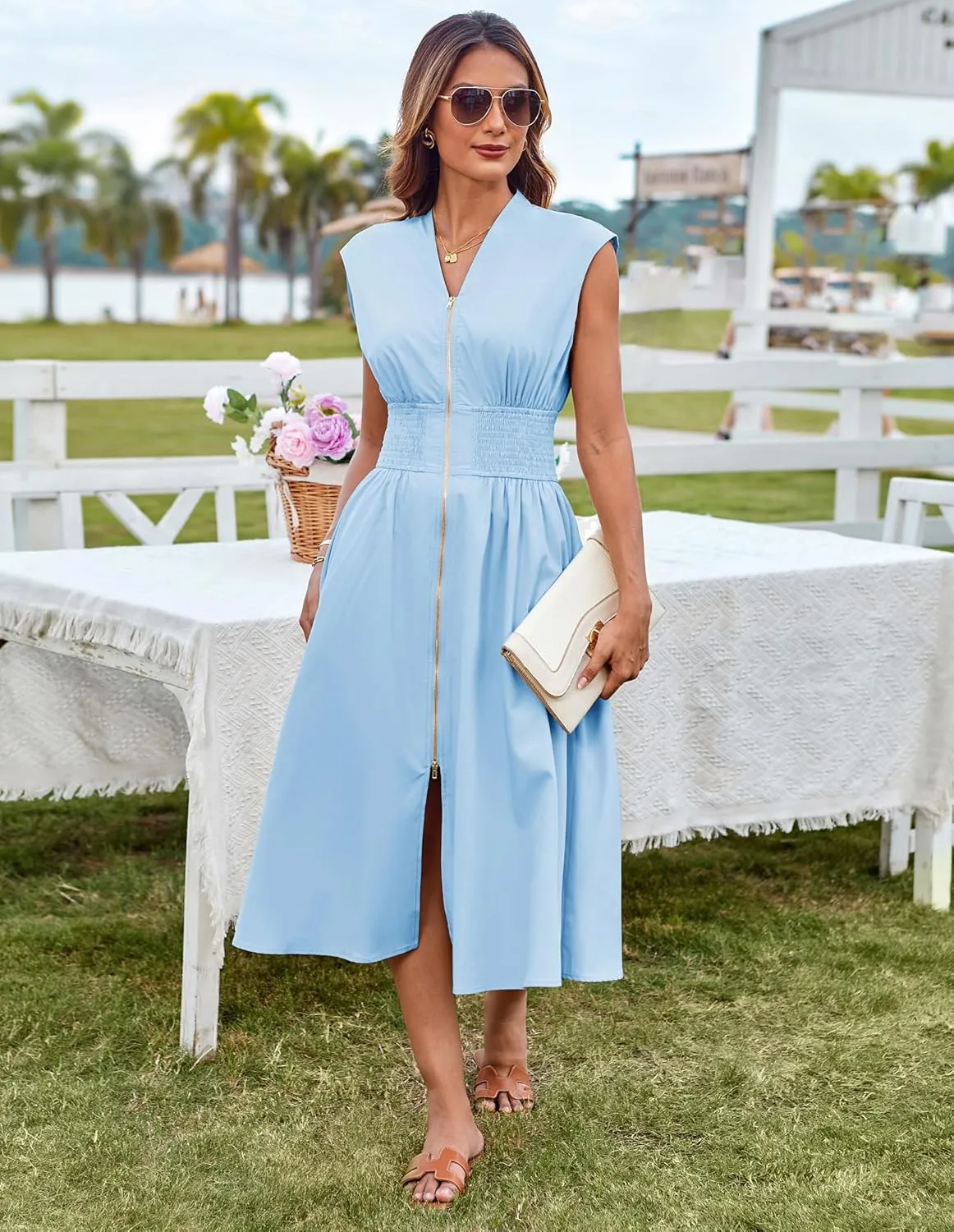 GRACE KARIN Womens Summer Casual Dress V Neck Cap Sleeve Zipper Front Flowy Midi Dress with Pockets