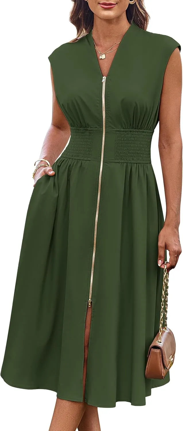 GRACE KARIN Womens Summer Casual Dress V Neck Cap Sleeve Zipper Front Flowy Midi Dress with Pockets