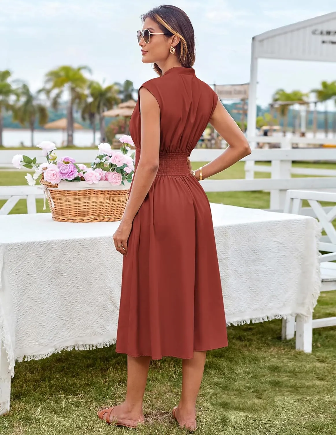GRACE KARIN Womens Summer Casual Dress V Neck Cap Sleeve Zipper Front Flowy Midi Dress with Pockets