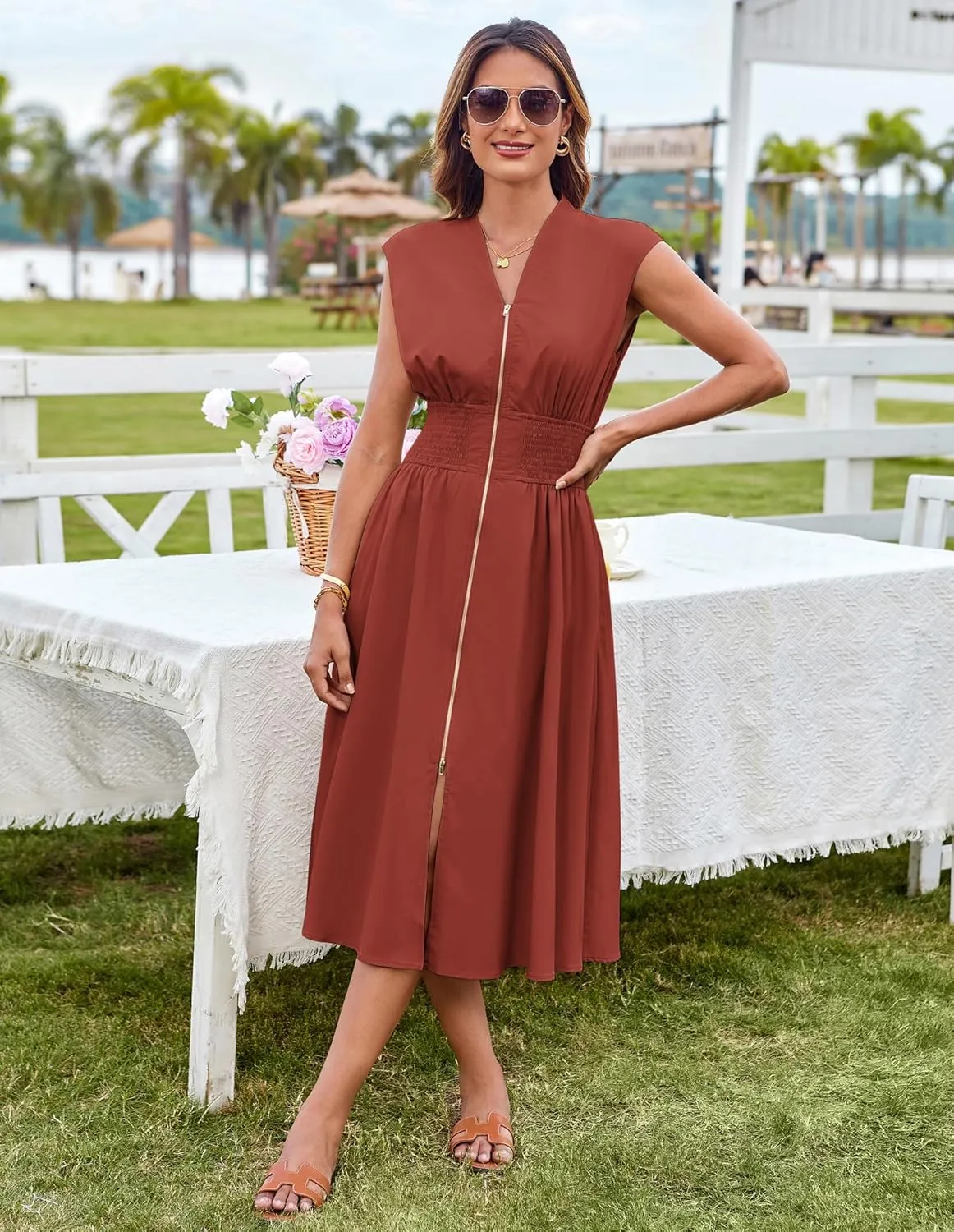 GRACE KARIN Womens Summer Casual Dress V Neck Cap Sleeve Zipper Front Flowy Midi Dress with Pockets
