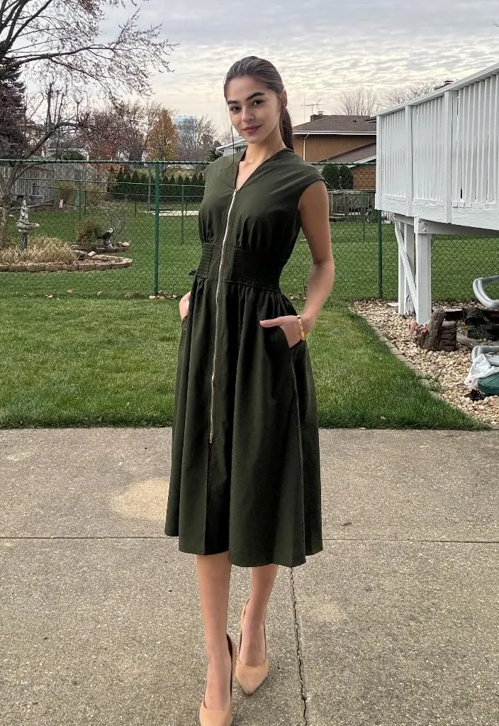 GRACE KARIN Womens Summer Casual Dress V Neck Cap Sleeve Zipper Front Flowy Midi Dress with Pockets