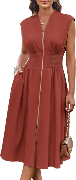 GRACE KARIN Womens Summer Casual Dress V Neck Cap Sleeve Zipper Front Flowy Midi Dress with Pockets