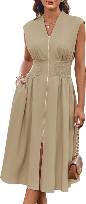 GRACE KARIN Womens Summer Casual Dress V Neck Cap Sleeve Zipper Front Flowy Midi Dress with Pockets