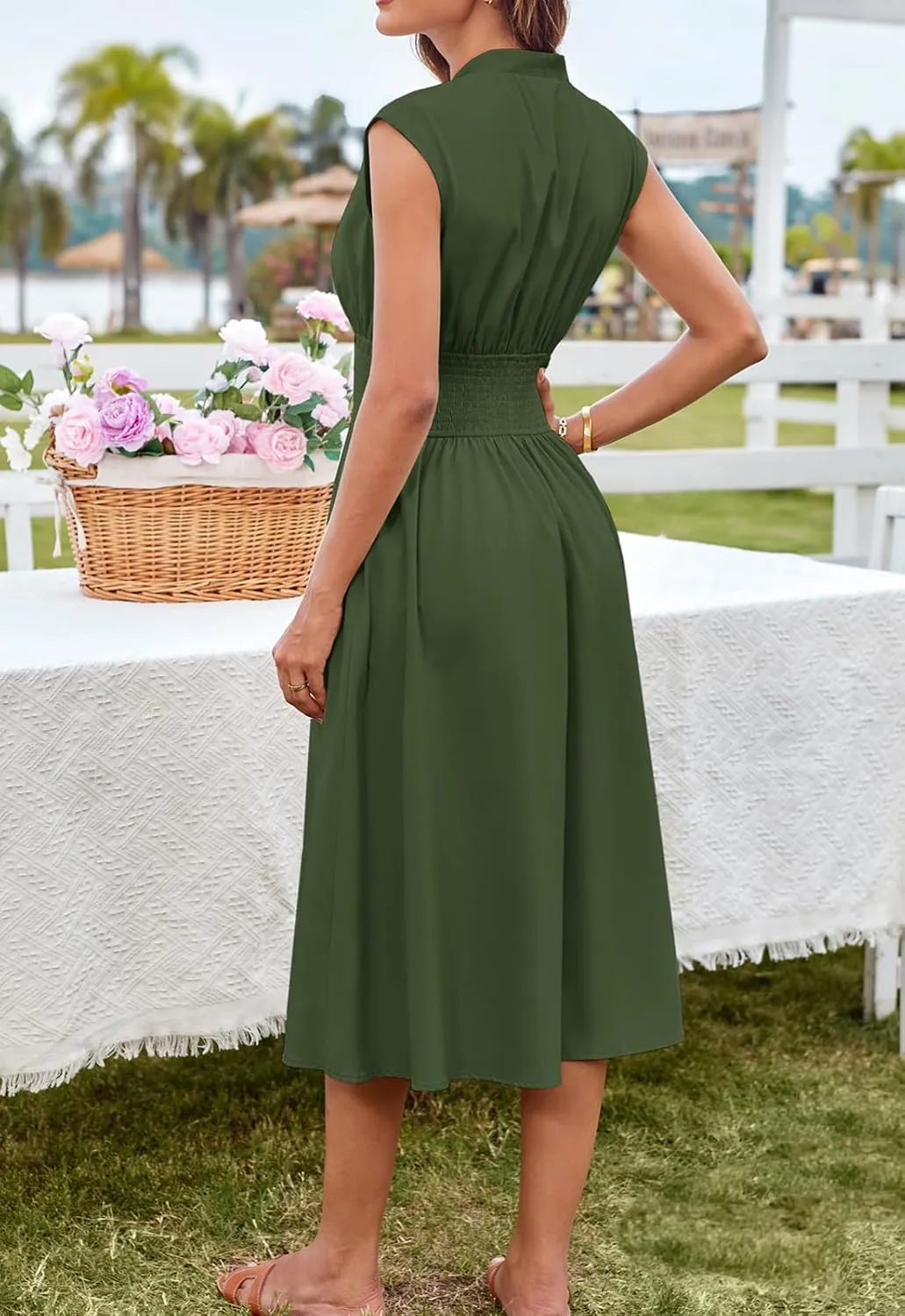 GRACE KARIN Womens Summer Casual Dress V Neck Cap Sleeve Zipper Front Flowy Midi Dress with Pockets
