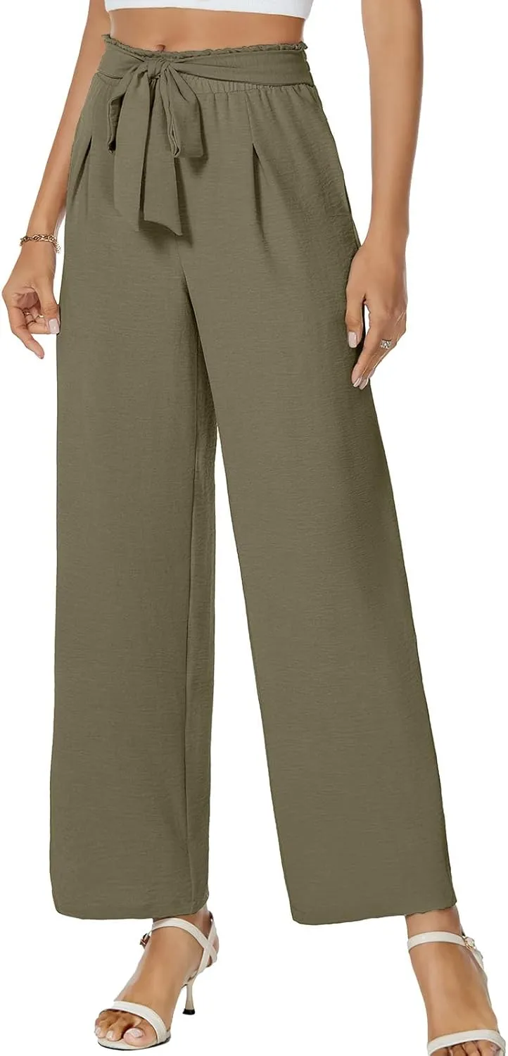 Gracyoga Womens Wide Leg Pants High Waisted Flowy Tie Knot Trousers Business Casual Outfits with Pockets