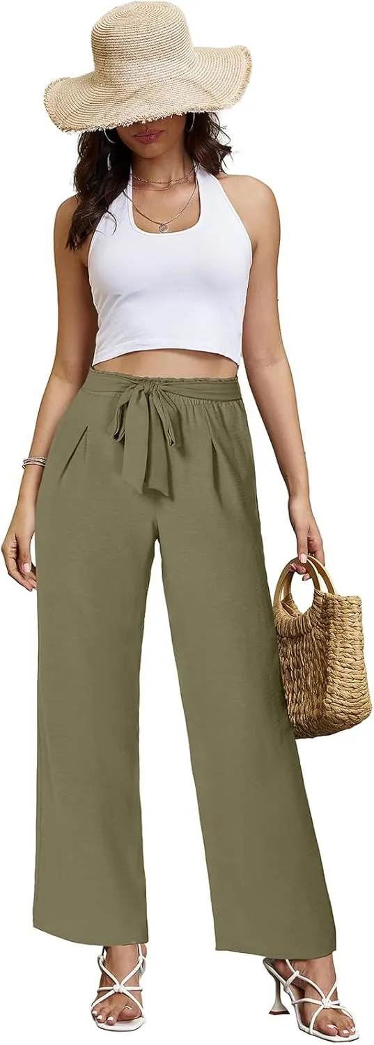 Gracyoga Womens Wide Leg Pants High Waisted Flowy Tie Knot Trousers Business Casual Outfits with Pockets