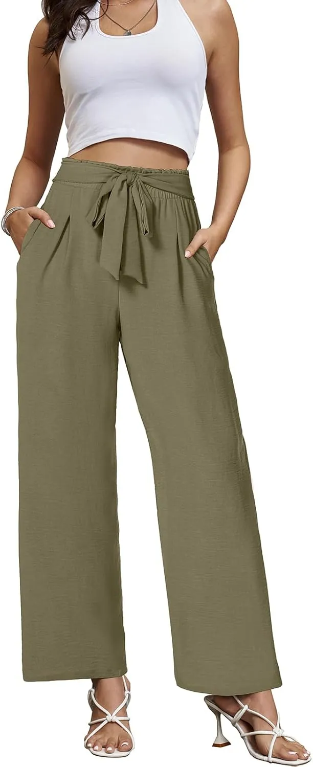 Gracyoga Womens Wide Leg Pants High Waisted Flowy Tie Knot Trousers Business Casual Outfits with Pockets