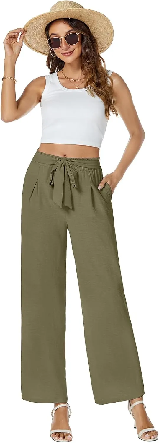 Gracyoga Womens Wide Leg Pants High Waisted Flowy Tie Knot Trousers Business Casual Outfits with Pockets