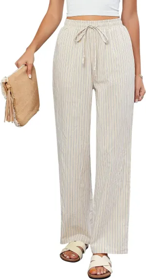 GRAPENT Striped Pants for Women High Waisted Wide Leg Cotton Linen Trendy Beach Pull On Elastic Waist Casual Flowy Pants