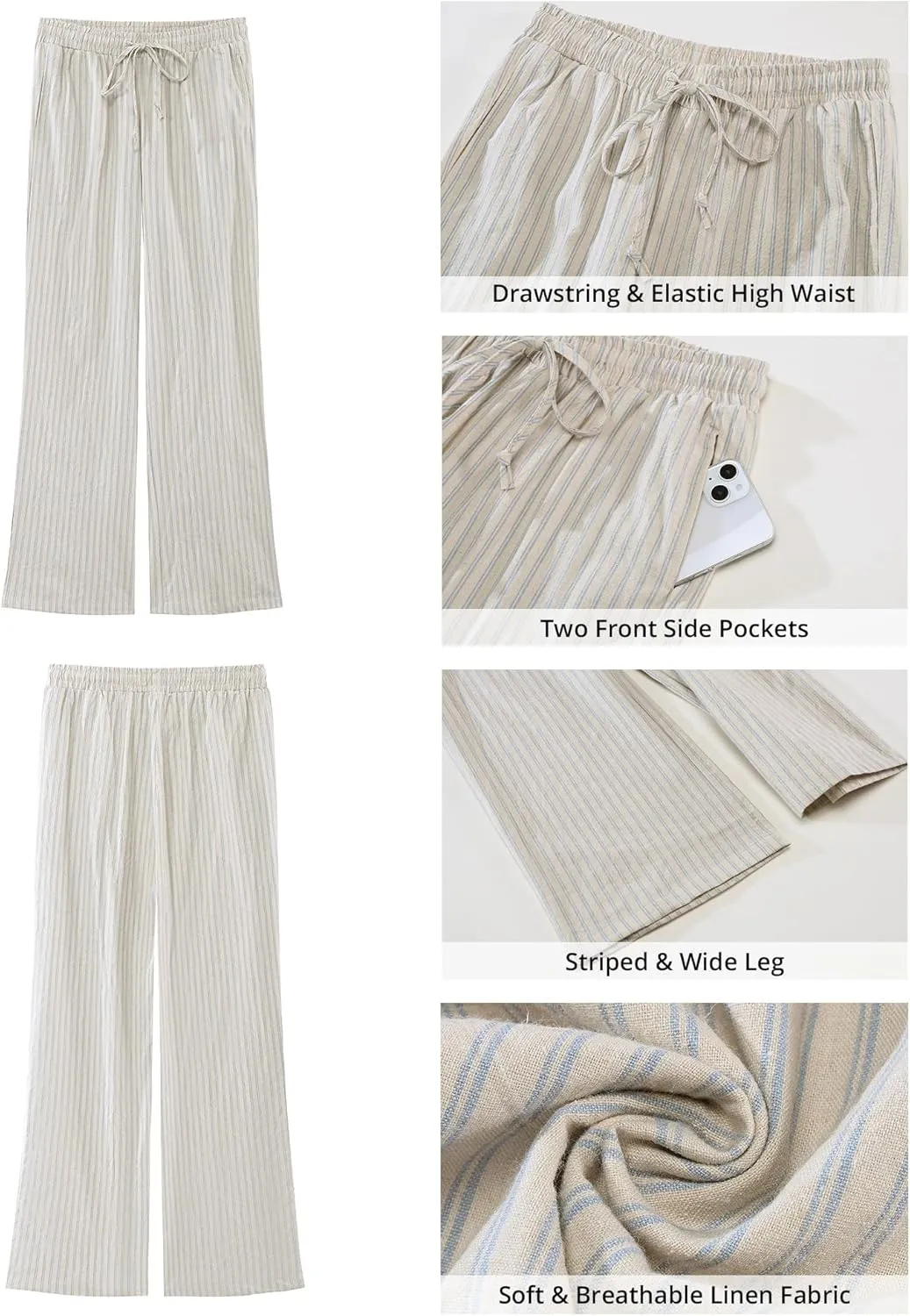 GRAPENT Striped Pants for Women High Waisted Wide Leg Cotton Linen Trendy Beach Pull On Elastic Waist Casual Flowy Pants