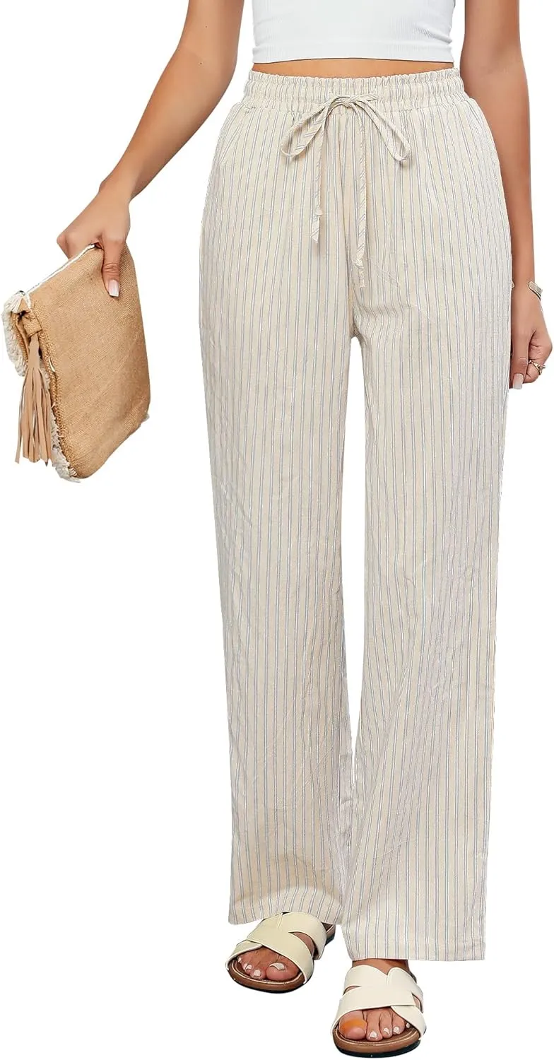 GRAPENT Striped Pants for Women High Waisted Wide Leg Cotton Linen Trendy Beach Pull On Elastic Waist Casual Flowy Pants