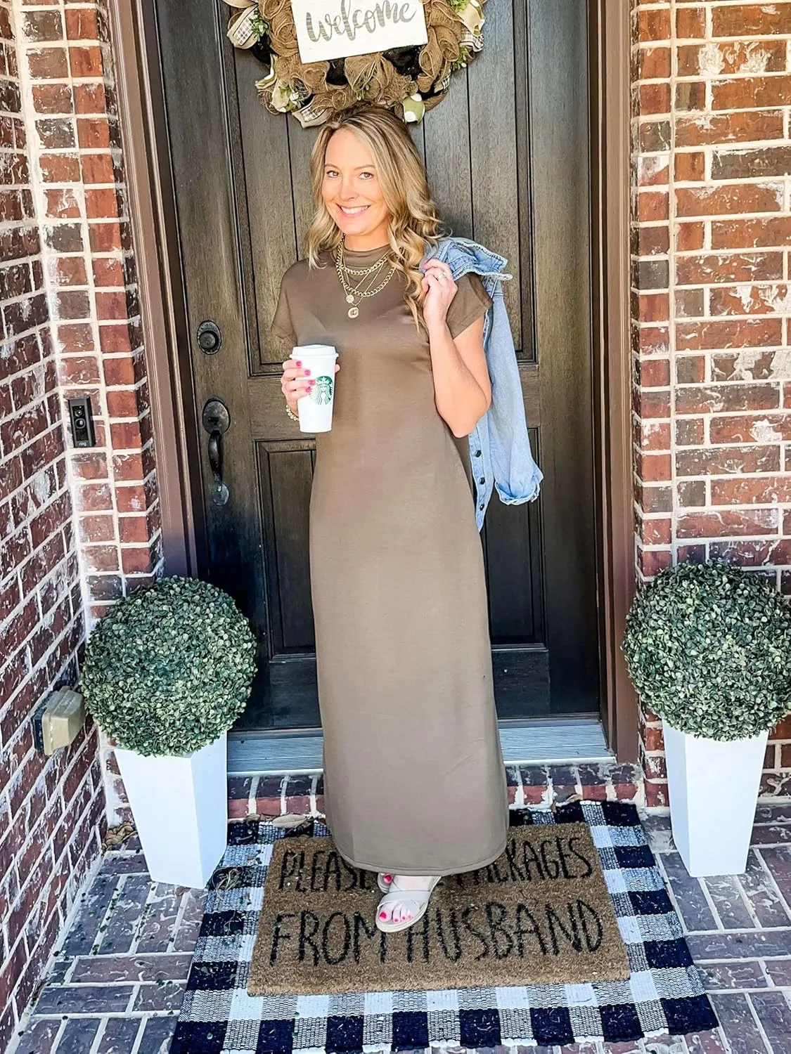 GRECERELLE 2025 Women Summer Mock Neck Short Sleeve Casual Loose Split Wrinkle-Free Long Maxi Dress with Pockets