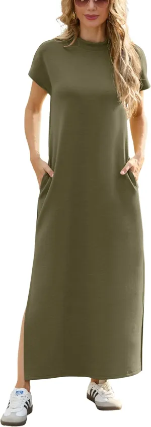 GRECERELLE 2025 Women Summer Mock Neck Short Sleeve Casual Loose Split Wrinkle-Free Long Maxi Dress with Pockets