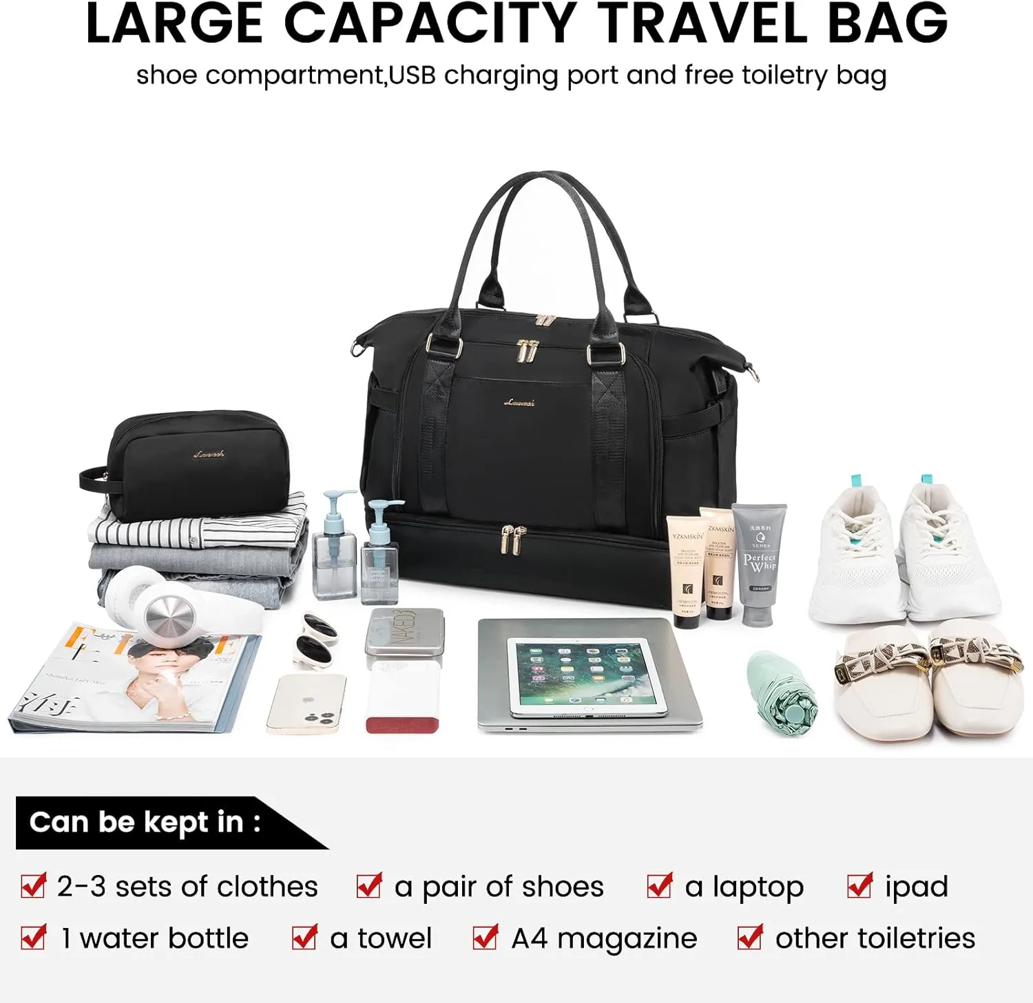 Gym Bag for Women LOVEVOOK Travel Duffel Bag with USB Charging Port,Weekender Bags for Women with Shoe Compartment,Carry on Overnight Bag with Toiletry Bag,Hospital Bags for Labor and Deliver