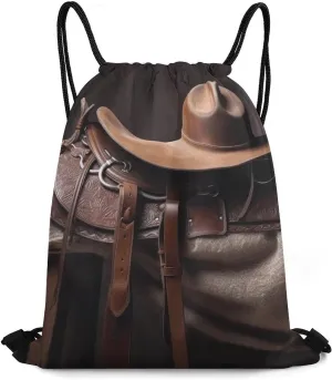 Gym Bag,Horse Saddle with A Cowboy Hat Wild Printed Beach Bag,sport Drawstring Backpack Suitable for Women And Men., 35*42cm