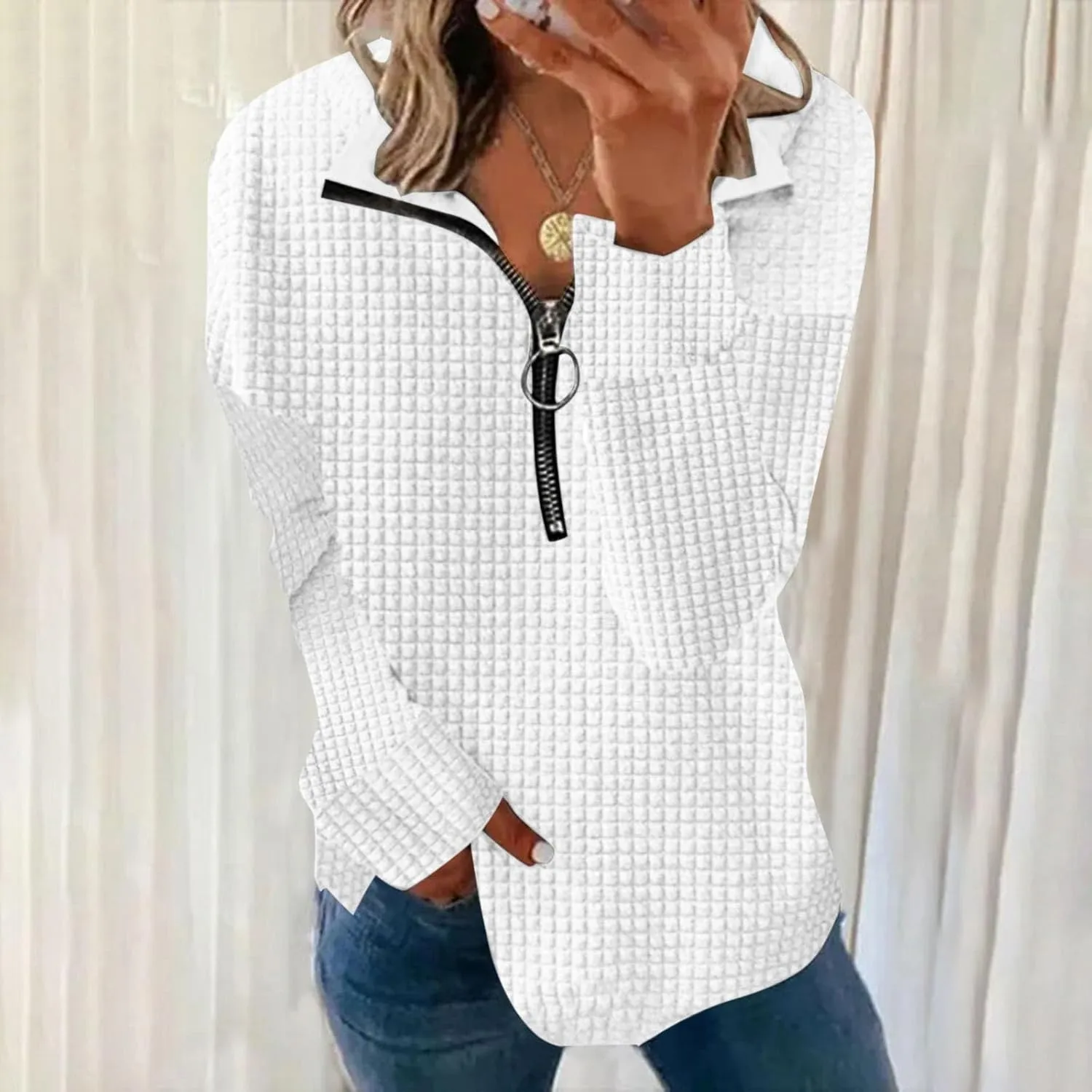 Half Zip Sweatshirt Women 1/2 Zipper Oversized Waffle Quilted Pattern Cropped Pullover Fall Winter Tops