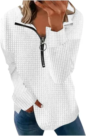 Half Zip Sweatshirt Women 1/2 Zipper Oversized Waffle Quilted Pattern Cropped Pullover Fall Winter Tops