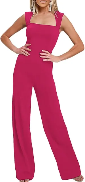 Happy Sailed Womens Square Neck Jumpsuit Summer Sleeveless Wide Leg Pants Rompers Dressy Jumpers Business Casual Outfits