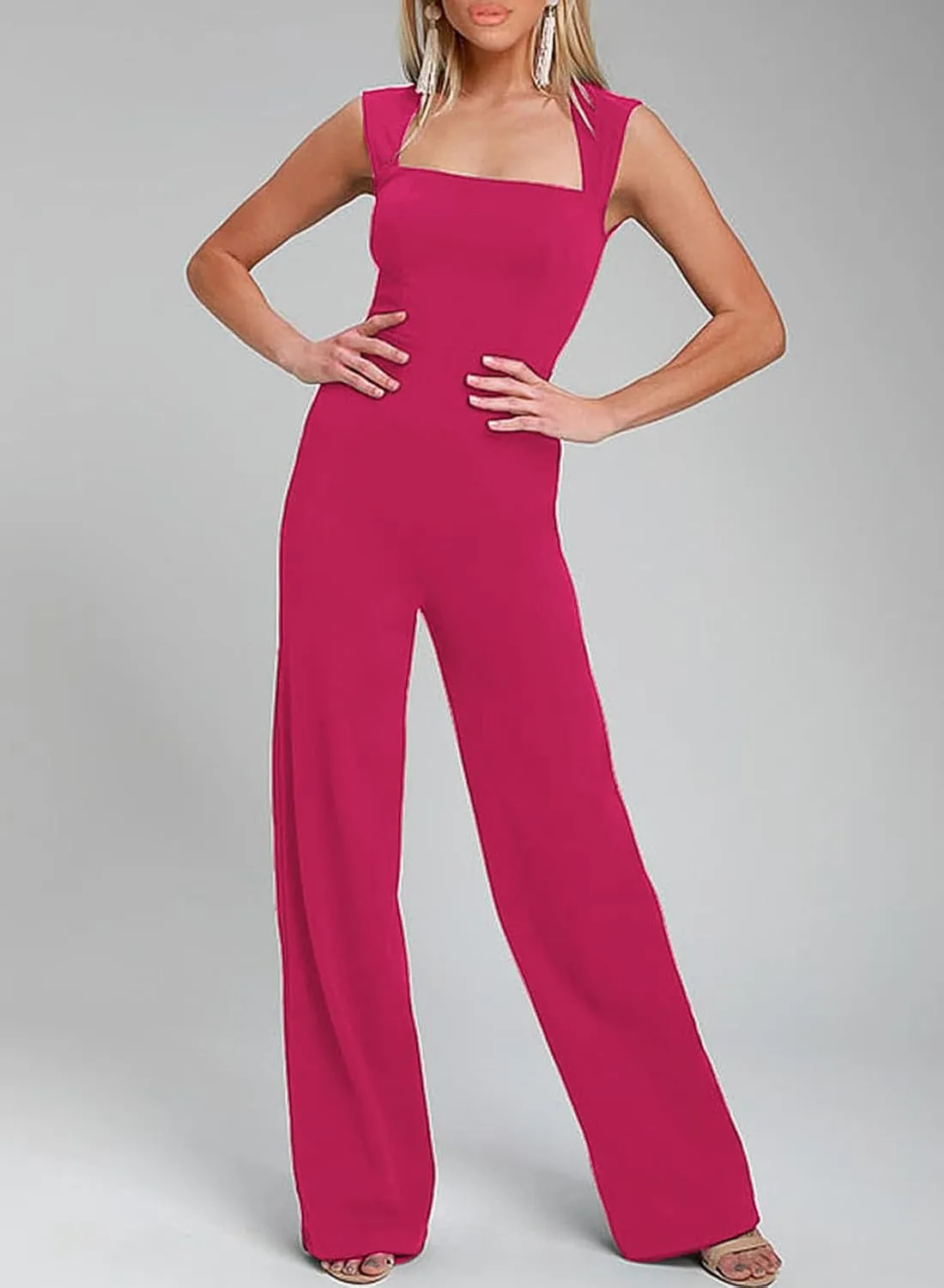 Happy Sailed Womens Square Neck Jumpsuit Summer Sleeveless Wide Leg Pants Rompers Dressy Jumpers Business Casual Outfits
