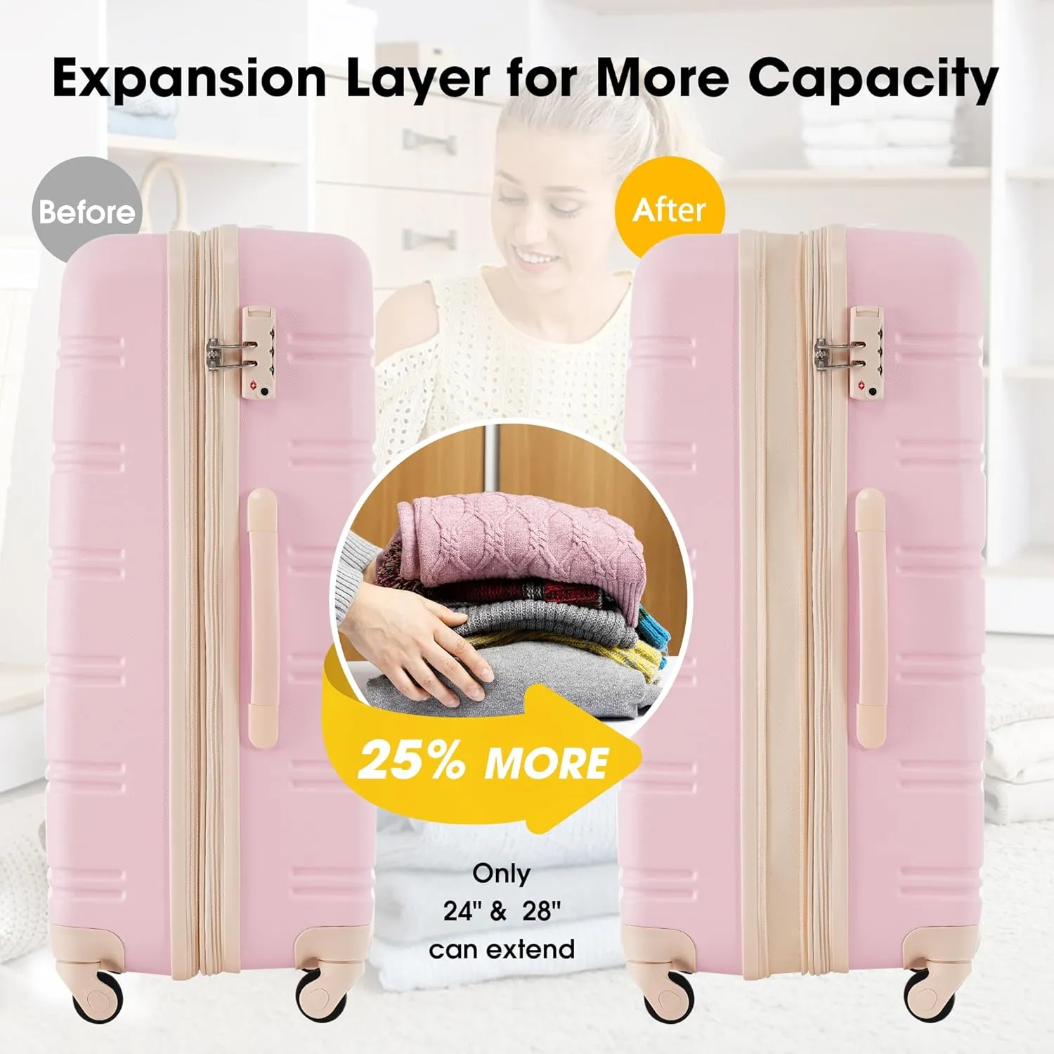 Hardshell Luggage Sets 4 pcs   Bag Spinner Suitcase with TSA Lock Lightweight-16" 20" 24" 28" Luggages (Light Pink   ABS)