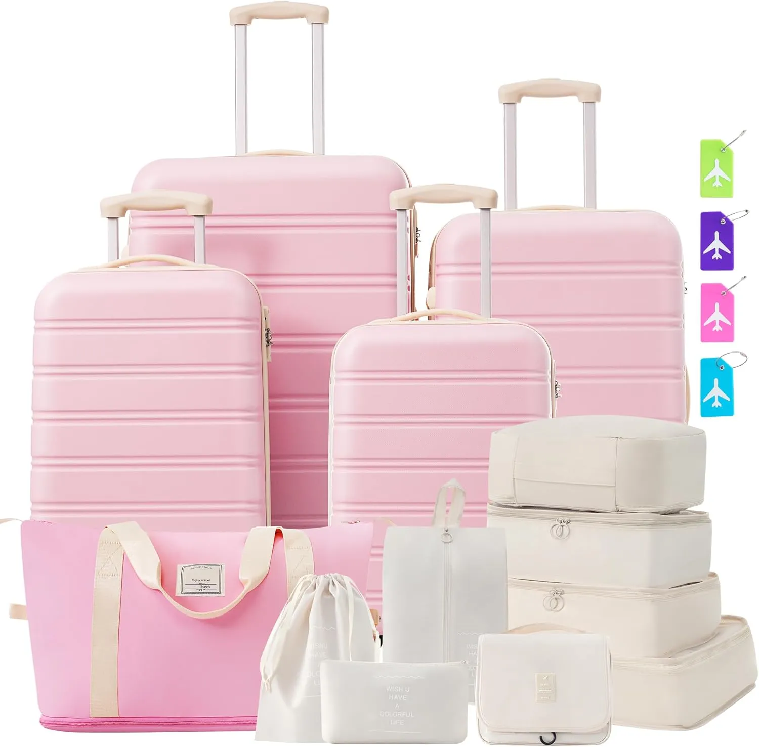 Hardshell Luggage Sets 4 pcs   Bag Spinner Suitcase with TSA Lock Lightweight-16" 20" 24" 28" Luggages (Light Pink   ABS)