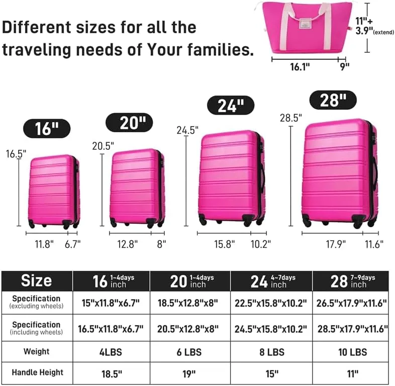 Hardshell Luggage Sets 4 pcs   Travel Bag Spinner Suitcase with TSA Lock Lightweight-16 20" 24" 28" Luggages