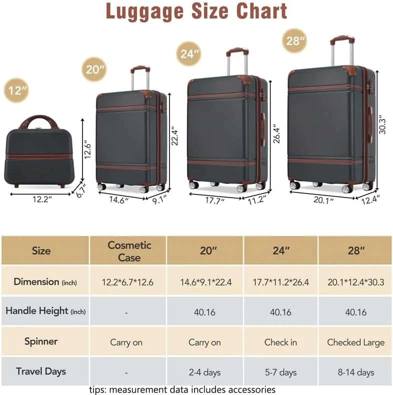 Hardshell Luggage Sets 4 Pieces 20" 24" 28" Luggages and Cosmetic Case Spinner Suitcase with TSA Lock Lightweight