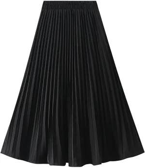 HGps8w Women Elegant Pleated Skirt Solid Color High Elastic Waist Midi Swing A-line Skirts
