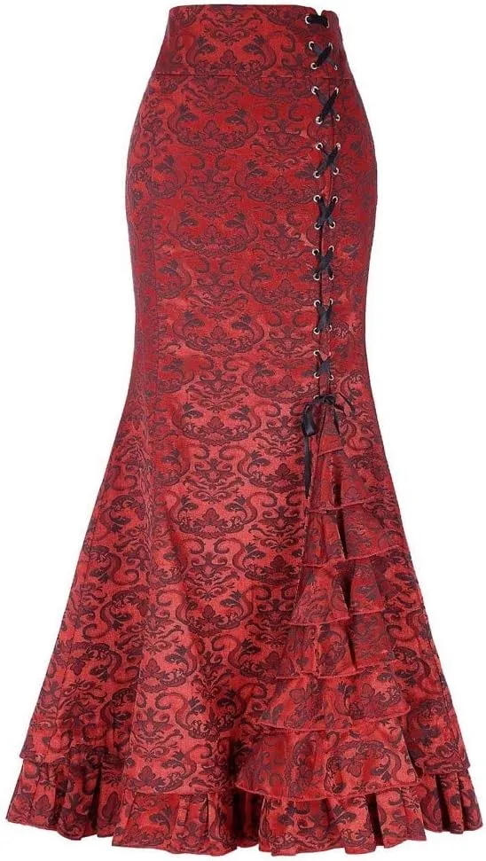 High Waist Vintage Bodycon Long Lace maid Skirt Ruffled Steampunk Skirt Fishtail Evening Party Dress