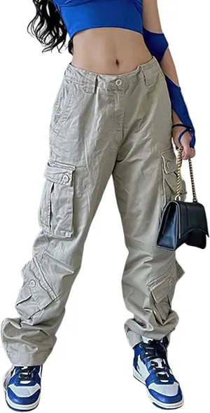 High Waisted Cargo Jeans for Women Straight Wide Leg Y2k Streetwear Cargo Pants Baggy Boyfriend Denim Pants with Pockets