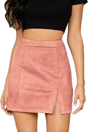 High Waisted Skirt for Women Faux Suede Side Split Mini Skirts Bodycon Solid Color Basic A-Line Pencil Short Skirt