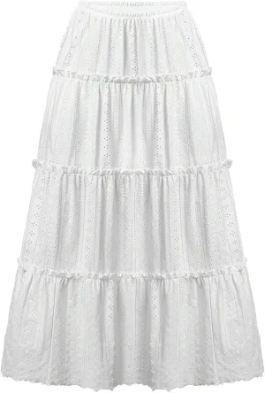 High Waisted Skirts for Women Eyelet Tiered Vintage Skirt Layering Loose Plus Size Summer Skirt A-Line Flowy Skirt