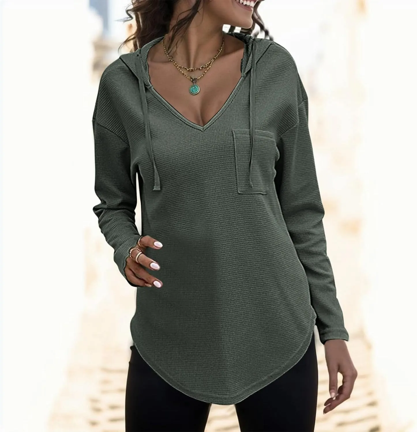 Hoodies For Women Loose Fit Oversized V Neck Drawstring Pullover Tops Workout Hooded With Pockets Pullover Clothes