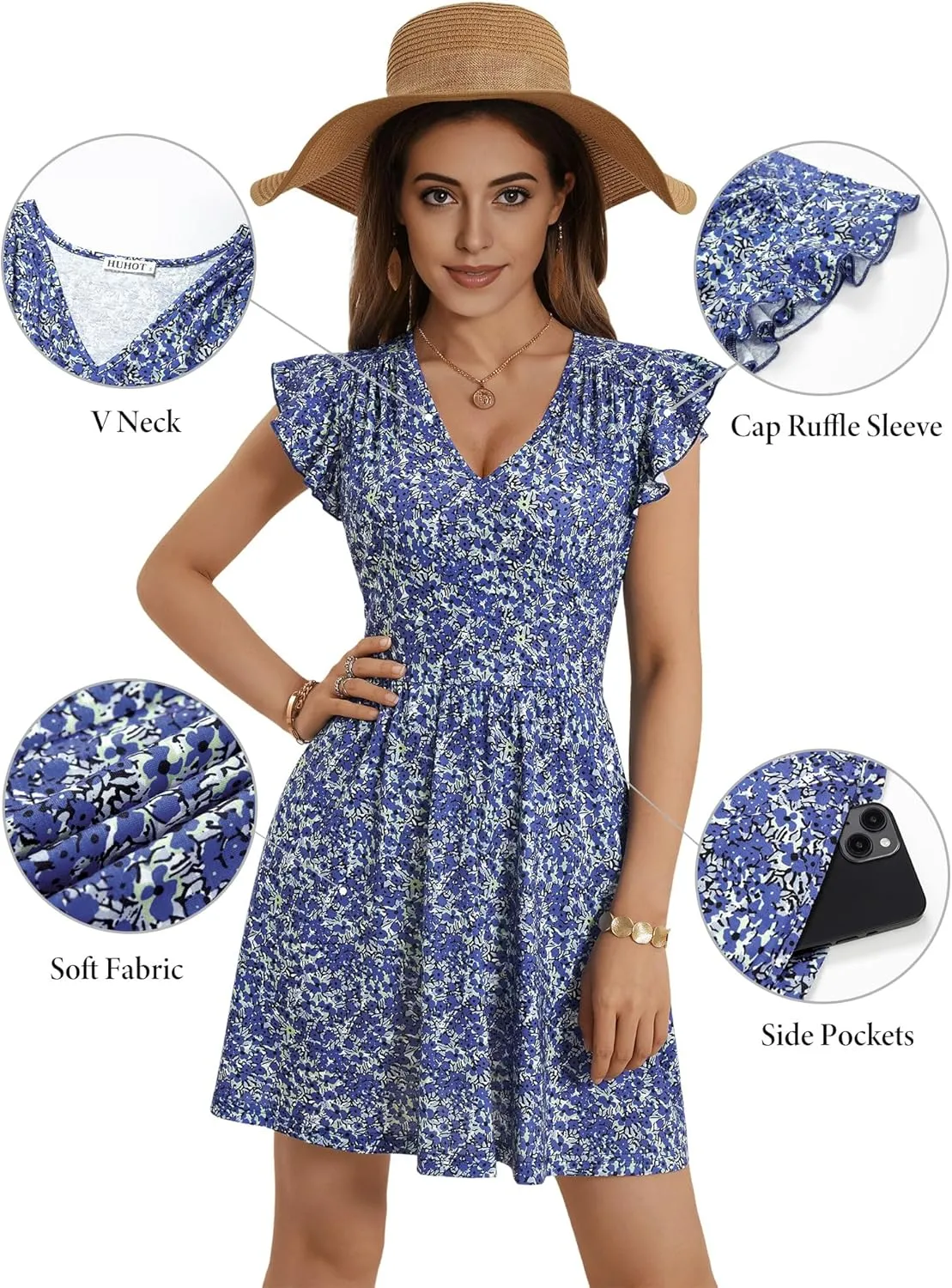 HUHOT Women's Summer Casual Sundresses with Pocket V Neck Spring Floral Mini Beach Vacation Dress 2025