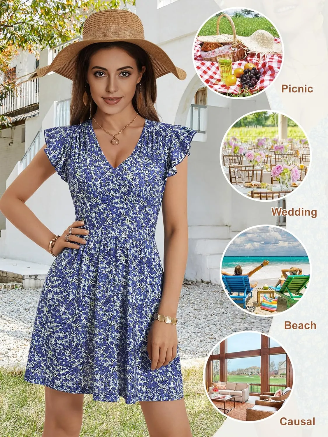 HUHOT Women's Summer Casual Sundresses with Pocket V Neck Spring Floral Mini Beach Vacation Dress 2025