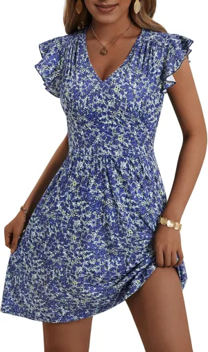HUHOT Women's Summer Casual Sundresses with Pocket V Neck Spring Floral Mini Beach Vacation Dress 2025