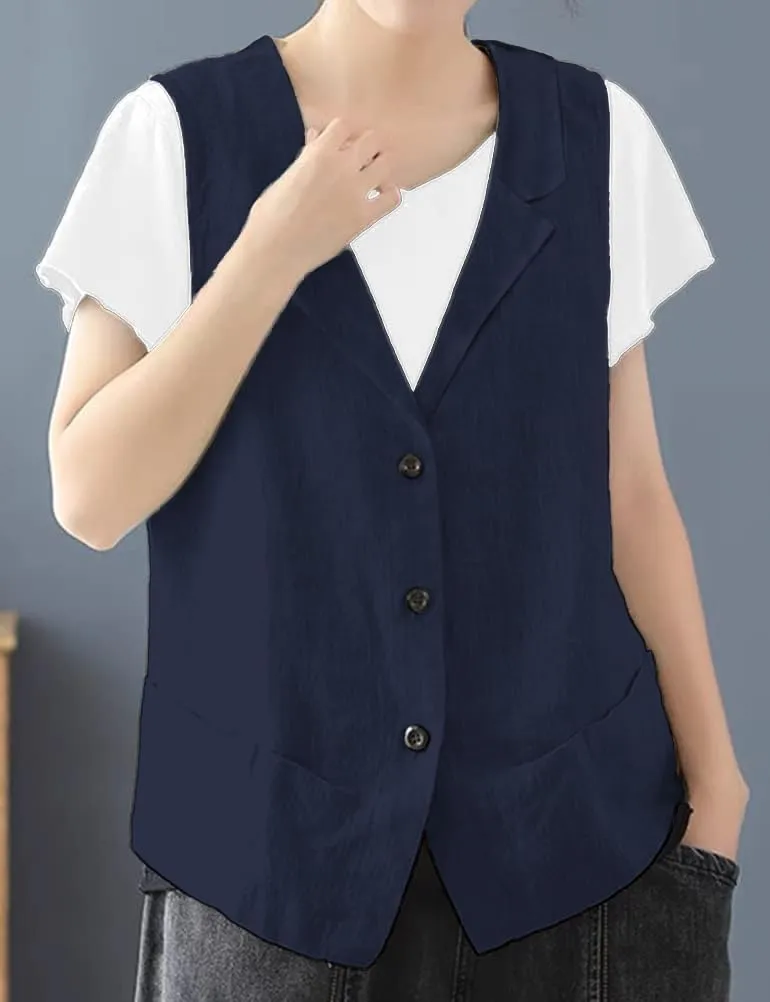 IDEALSANXUN Linen Vest for Women Casual Sleeveless Spring Summer Blazer Jackets