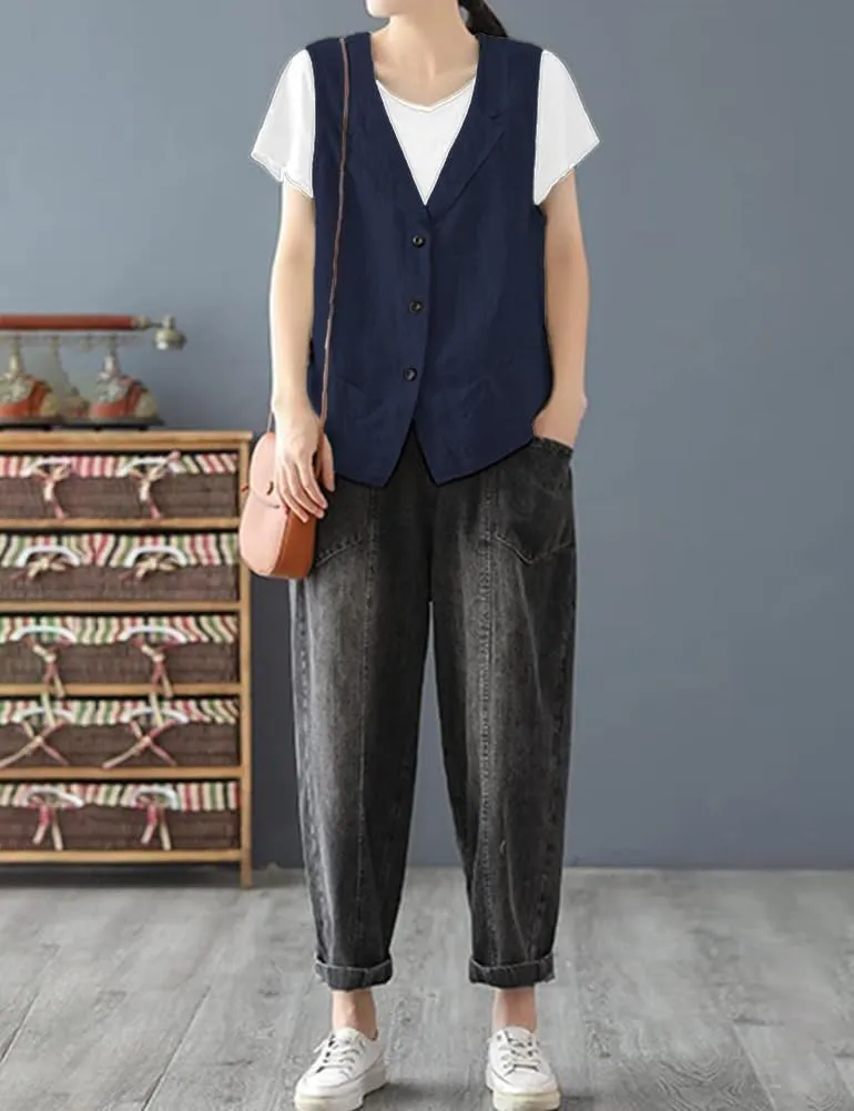 IDEALSANXUN Linen Vest for Women Casual Sleeveless Spring Summer Blazer Jackets