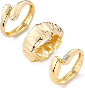IFKM 3pcs Chunky Gold Bangle Bracelet For Women 14k Gold Plated Trendy Wide Hinged Cuff Open Bracelet Dainty Minimalist Jewelry Gifts