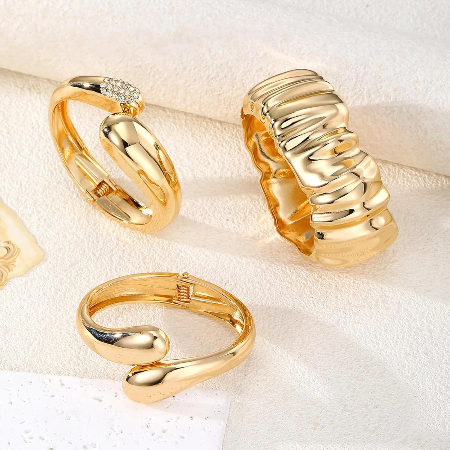 IFKM 3pcs Chunky Gold Bangle Bracelet For Women 14k Gold Plated Trendy Wide Hinged Cuff Open Bracelet Dainty Minimalist Jewelry Gifts