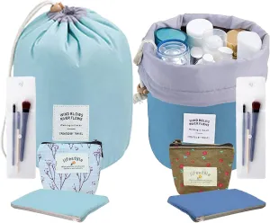 INVODA 2PCS Cosmetic Bags Portable Foldable Cases Multifunctional Toiletry Bucket Bags Travel Makeup Organizer Storage Pocket Soft Collapsible (Blue Green Coin purse)